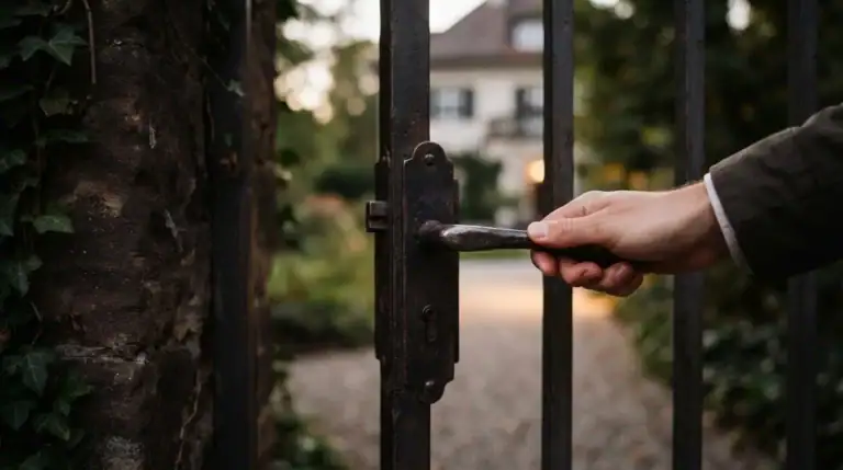 Eine Hand greift nach der Klinke eines eisernen Tors, hinter dem ein Weg zu einem unscharfen Haus führt.