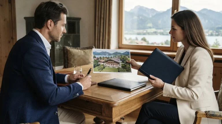 Ein Mann im blauen Anzug und eine Frau im hellen Blazer sitzen an einem Holztisch, während sie ihm das Foto eines Hauses zeigt.