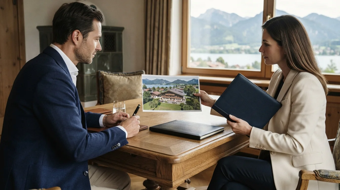 Ein Mann im blauen Anzug und eine Frau im hellen Blazer sitzen an einem Holztisch, während sie ihm das Foto eines Hauses zeigt.