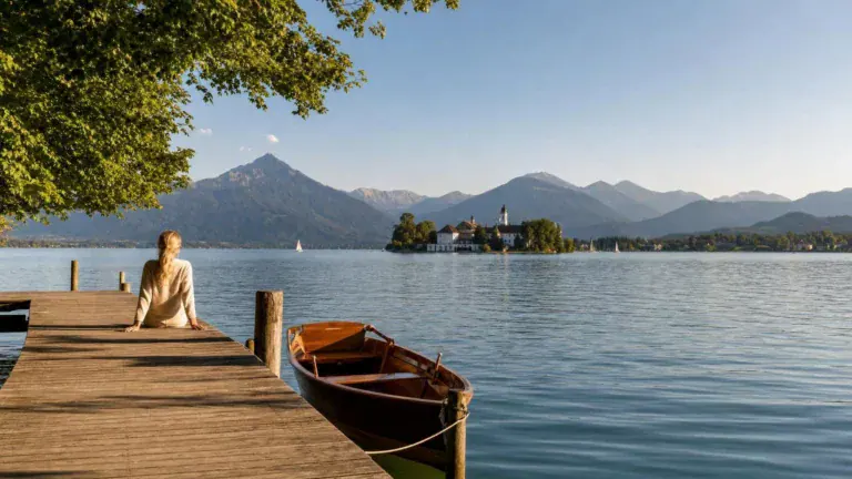 Eine Person mit blonden Haaren sitzt von hinten gesehen auf einem Holzsteg an einem See, neben dem ein Holzruderboot festgemacht ist.