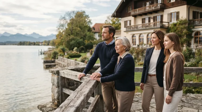 Vier Personen stehen an einem Holzgeländer an einem Seeufer und blicken in die Ferne, im Hintergrund sind Berge und ein großes Gebäude zu sehen.