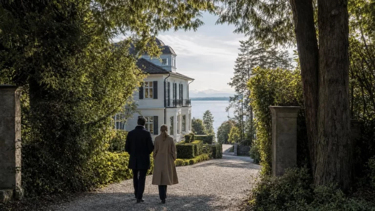 Ein Mann in dunklem Mantel und eine Frau in hellem Mantel gehen auf einem Kiesweg in Richtung einer weißen Villa an einem See.