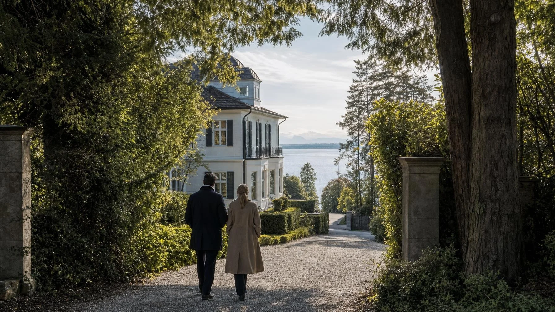 Ein Mann in dunklem Mantel und eine Frau in hellem Mantel gehen auf einem Kiesweg in Richtung einer weißen Villa an einem See.