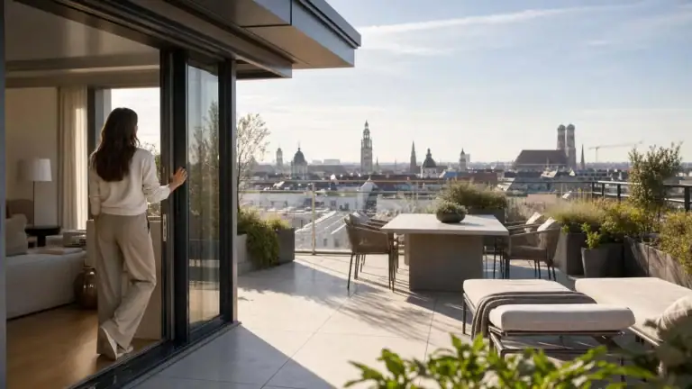 Eine Frau steht an einer geöffneten Glas-Schiebetür und blickt auf eine möblierte Dachterrasse mit Blick auf eine Stadtkulisse.