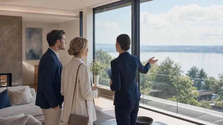 Eine Frau im Hosenanzug zeigt einem Paar in einem modernen Raum durch eine große Fensterfront die Aussicht auf einen See mit Bäumen.