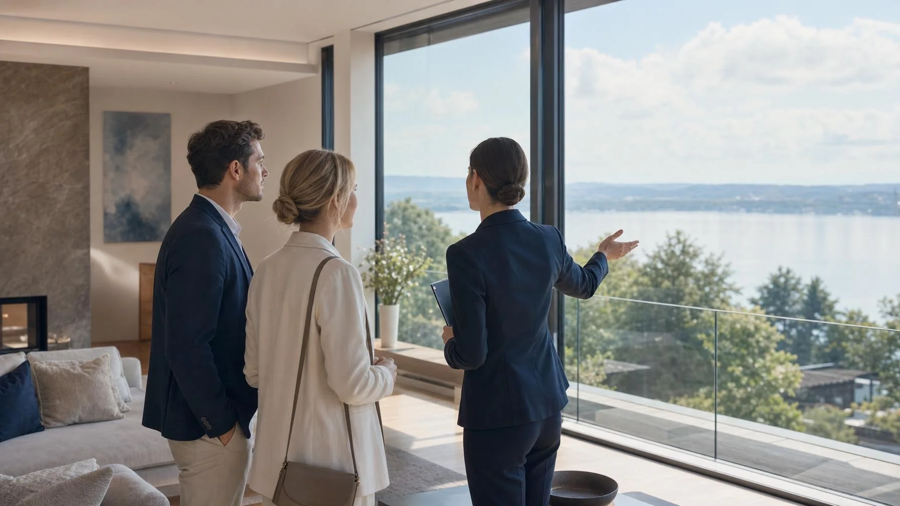 Eine Frau im Hosenanzug zeigt einem Paar in einem modernen Raum durch eine große Fensterfront die Aussicht auf einen See mit Bäumen.