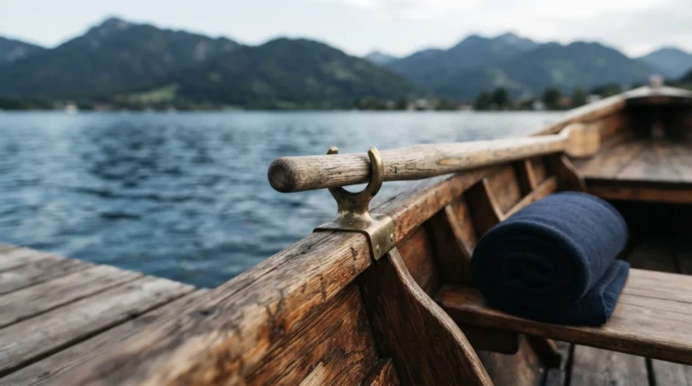 Ein hölzernes Ruderboot mit einem Ruder in einer Metallhalterung und einer blauen Decke liegt an einem Steg auf einem See vor Bergen.